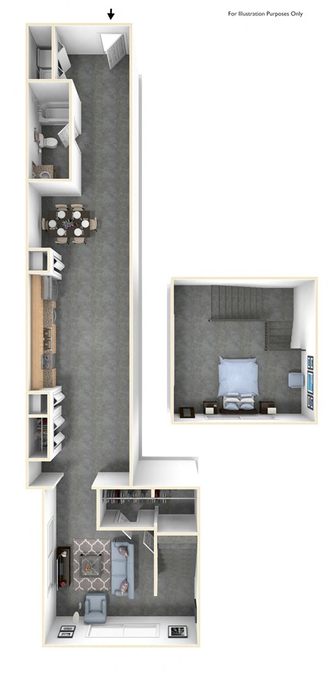 a stylized floor plan of a studio apartment